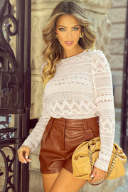 White Geometric Lace Buttoned Decor Long Sleeve Blouse - Fashion Queen -  1