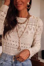 Load image into Gallery viewer, White Geometric Lace Buttoned Decor Long Sleeve Blouse - Fashion Queen -  10
