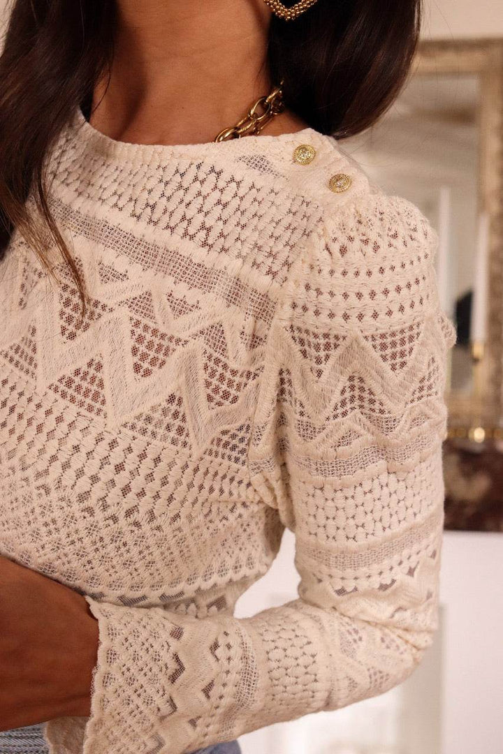 White Geometric Lace Buttoned Decor Long Sleeve Blouse - Fashion Queen -  11