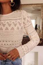 Load image into Gallery viewer, White Geometric Lace Buttoned Decor Long Sleeve Blouse - Fashion Queen -  12
