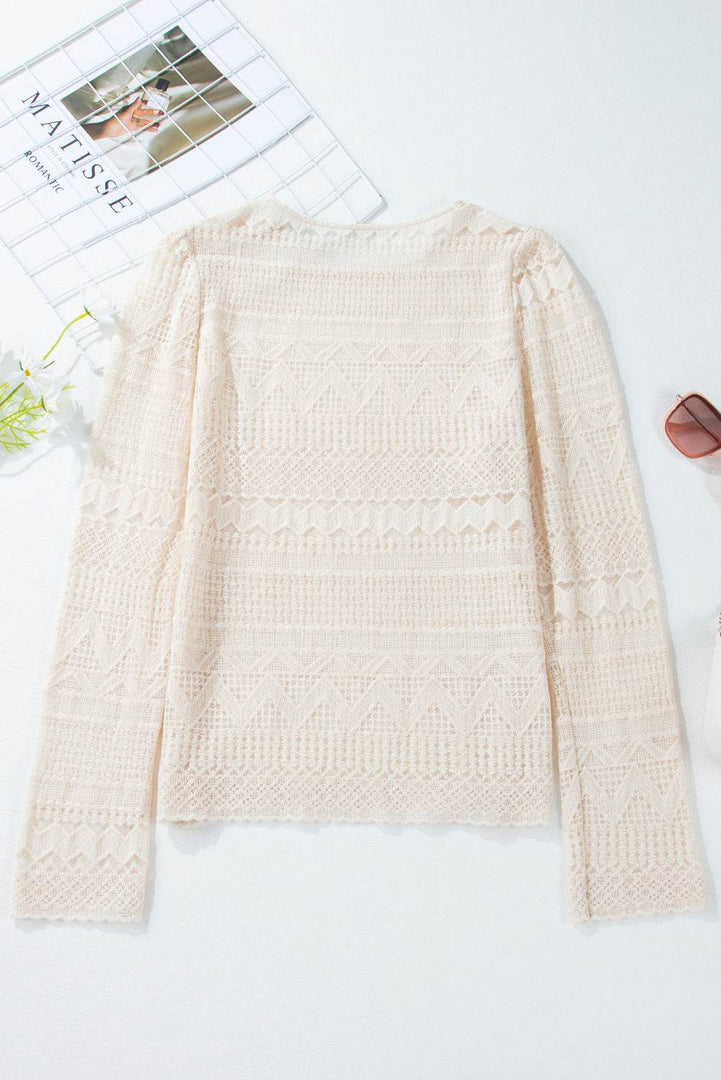 White Geometric Lace Buttoned Decor Long Sleeve Blouse - Fashion Queen -  14