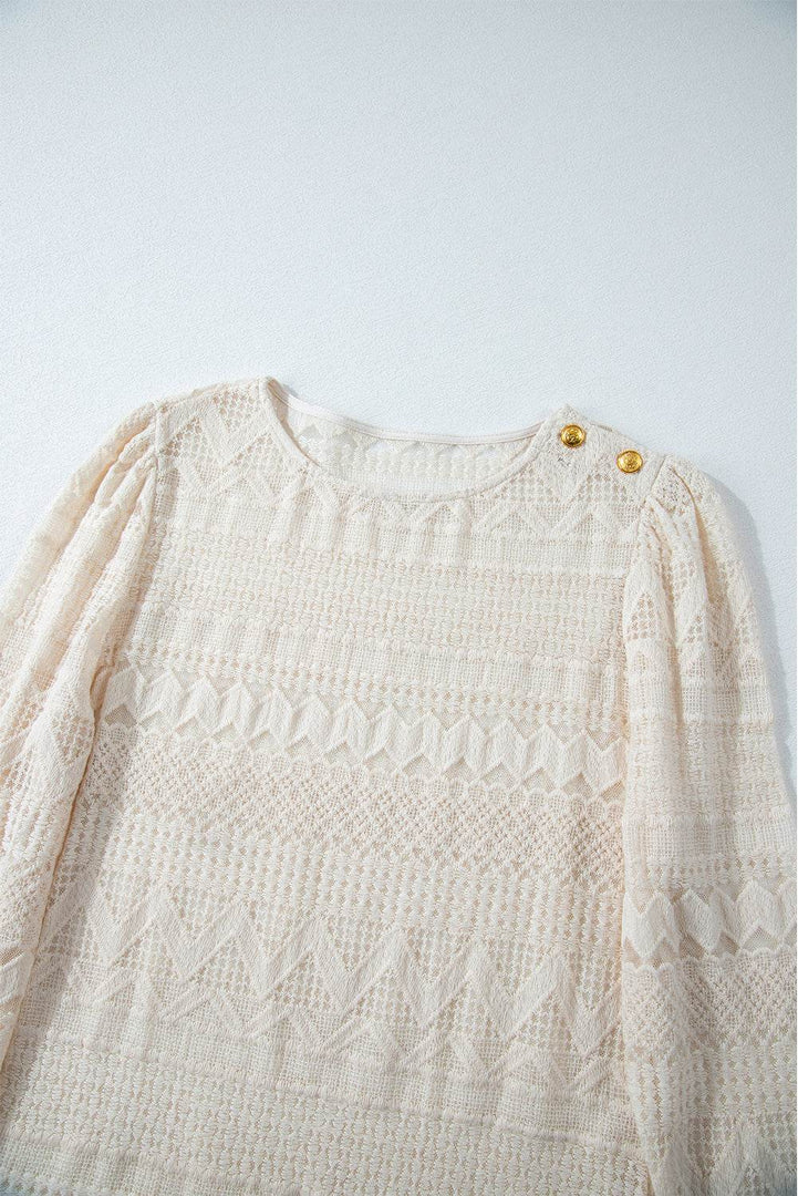 White Geometric Lace Buttoned Decor Long Sleeve Blouse - Fashion Queen -  15