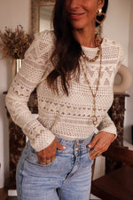 Load image into Gallery viewer, White Geometric Lace Buttoned Decor Long Sleeve Blouse - Fashion Queen -  9
