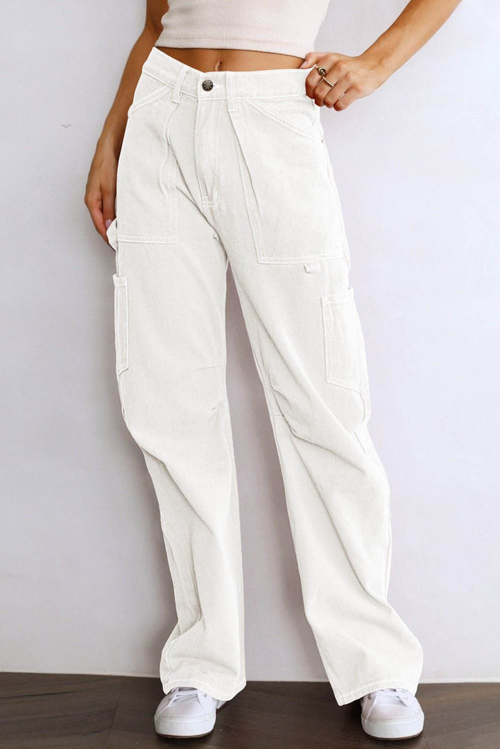 White High Waist Straight Leg Cargo Pants with Pockets - Fashion Queen -  1