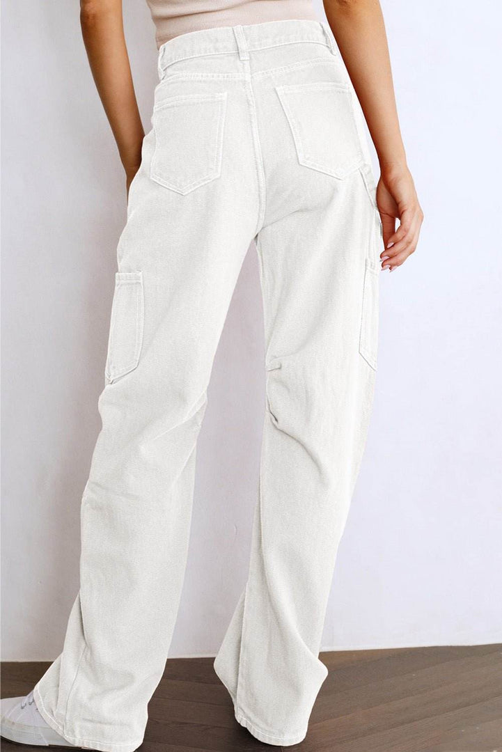 White High Waist Straight Leg Cargo Pants with Pockets - Fashion Queen -  2