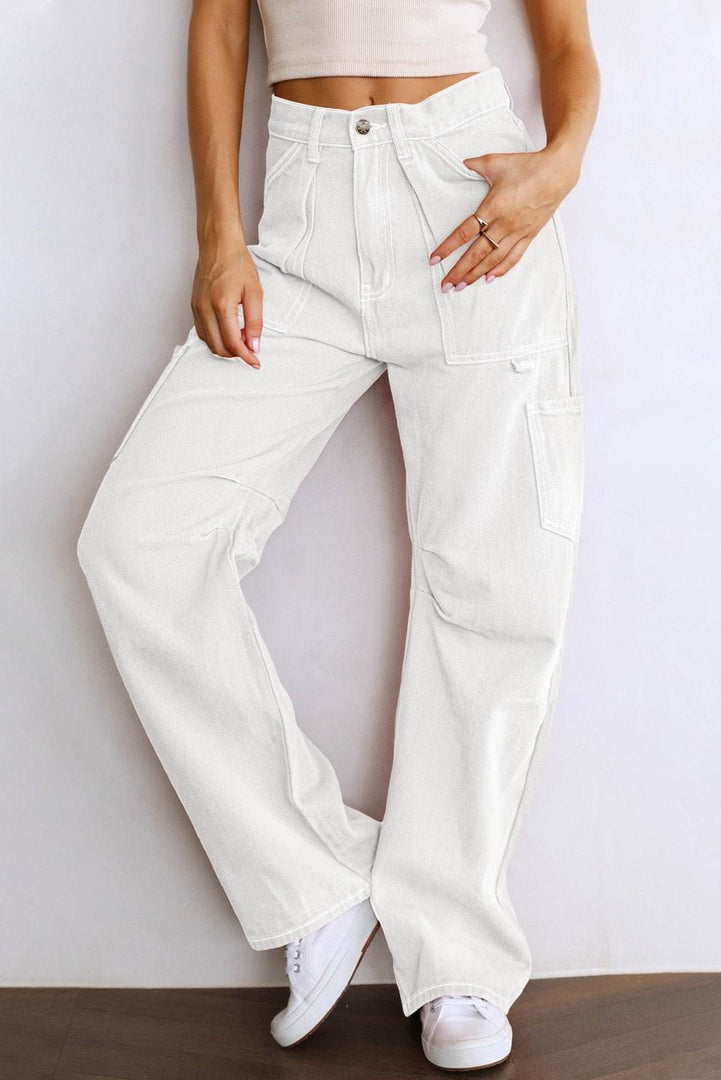 White High Waist Straight Leg Cargo Pants with Pockets - Fashion Queen -  3