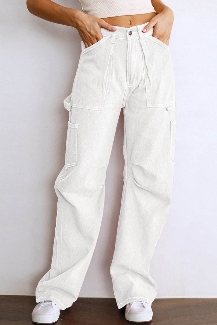 White High Waist Straight Leg Cargo Pants with Pockets - Fashion Queen -  4