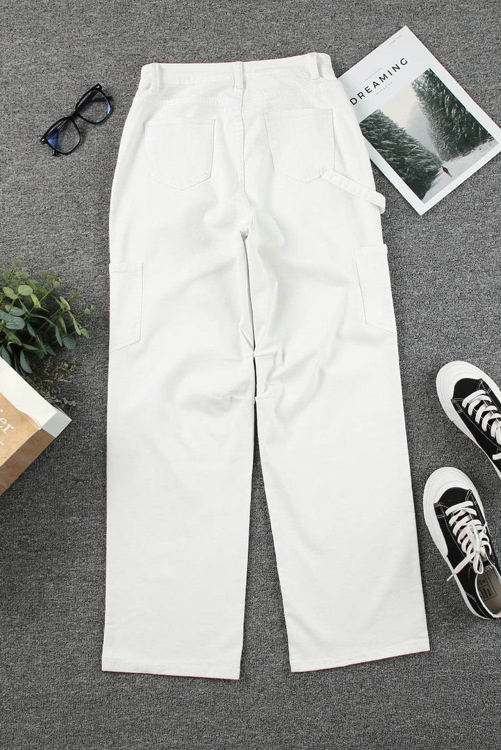 White High Waist Straight Leg Cargo Pants with Pockets - Fashion Queen -  6
