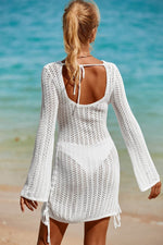 Load image into Gallery viewer, White Hollowout Knit Bell Sleeve Drawstring Short Beach dress - Fashion Queen -  10
