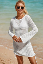 Load image into Gallery viewer, White Hollowout Knit Bell Sleeve Drawstring Short Beach dress - Fashion Queen -  11
