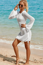Load image into Gallery viewer, White Hollowout Knit Bell Sleeve Drawstring Short Beach dress - Fashion Queen -  12
