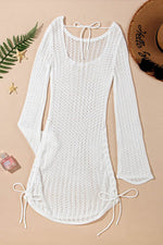 Load image into Gallery viewer, White Hollowout Knit Bell Sleeve Drawstring Short Beach dress - Fashion Queen -  17
