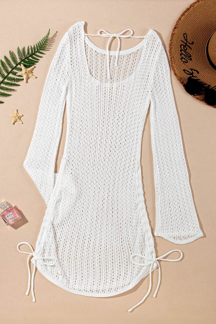 White Hollowout Knit Bell Sleeve Drawstring Short Beach dress - Fashion Queen -  17