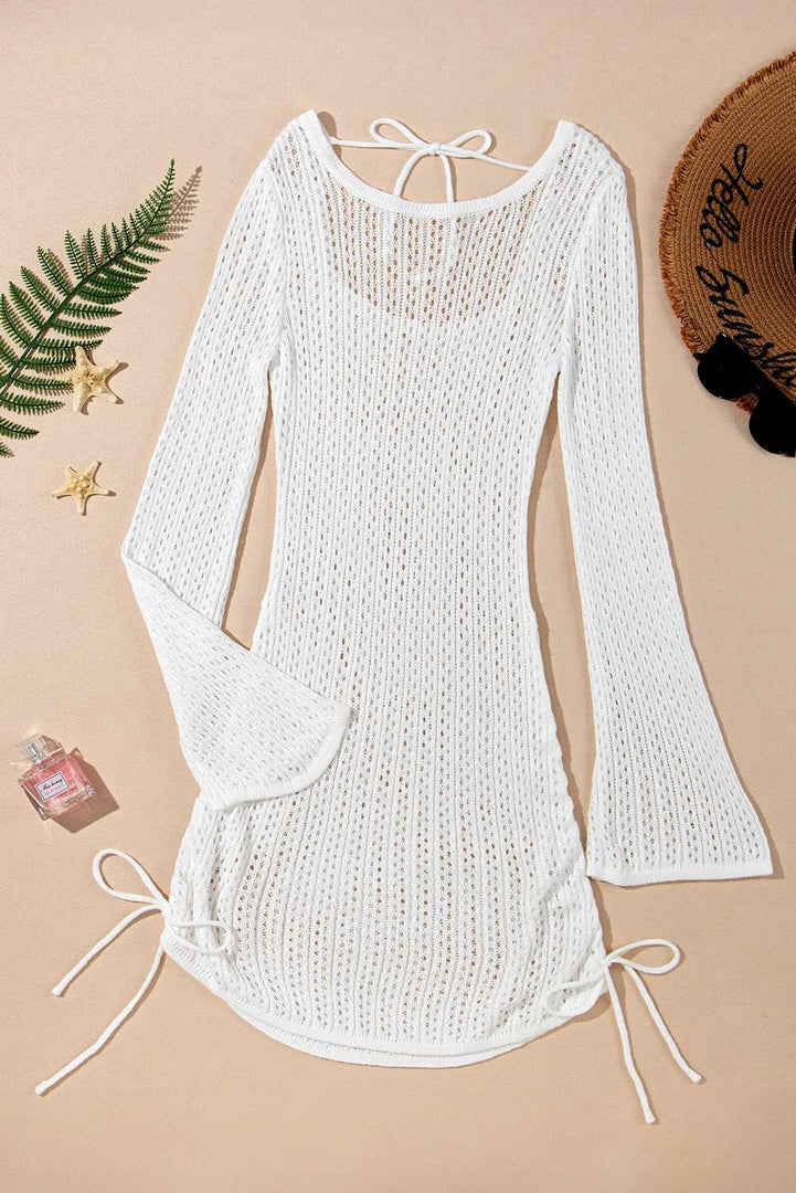 White Hollowout Knit Bell Sleeve Drawstring Short Beach dress - Fashion Queen -  18
