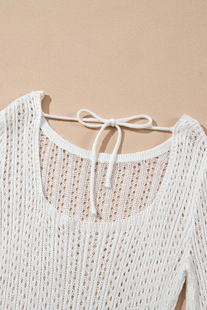 White Hollowout Knit Bell Sleeve Drawstring Short Beach dress - Fashion Queen -  20