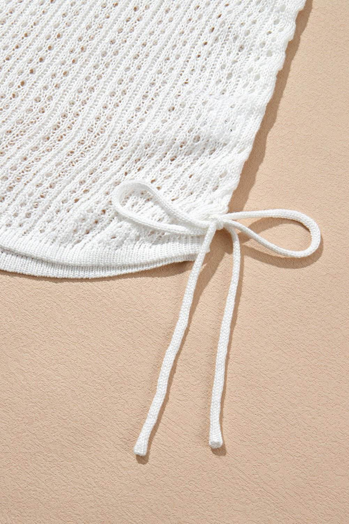 White Hollowout Knit Bell Sleeve Drawstring Short Beach dress - Fashion Queen -  21