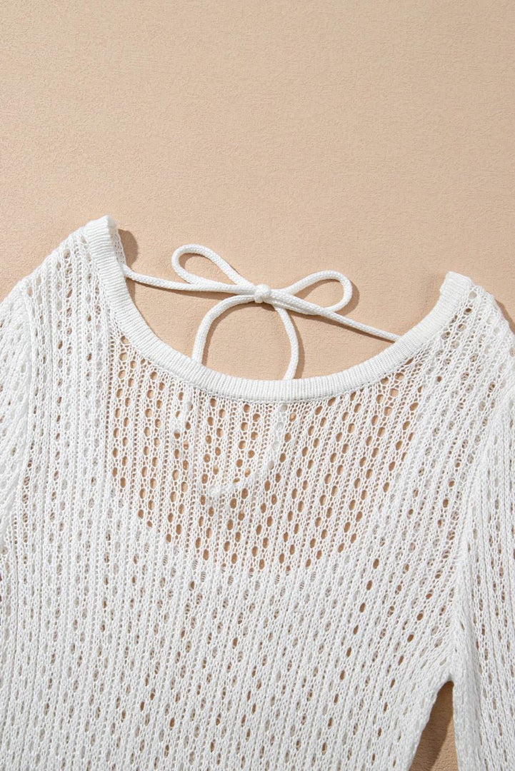 White Hollowout Knit Bell Sleeve Drawstring Short Beach dress - Fashion Queen -  23