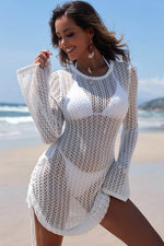 Load image into Gallery viewer, White Hollowout Knit Bell Sleeve Drawstring Short Beach dress - Fashion Queen -  5
