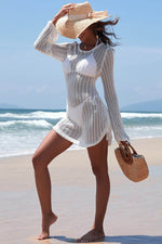 Load image into Gallery viewer, White Hollowout Knit Bell Sleeve Drawstring Short Beach dress - Fashion Queen -  6
