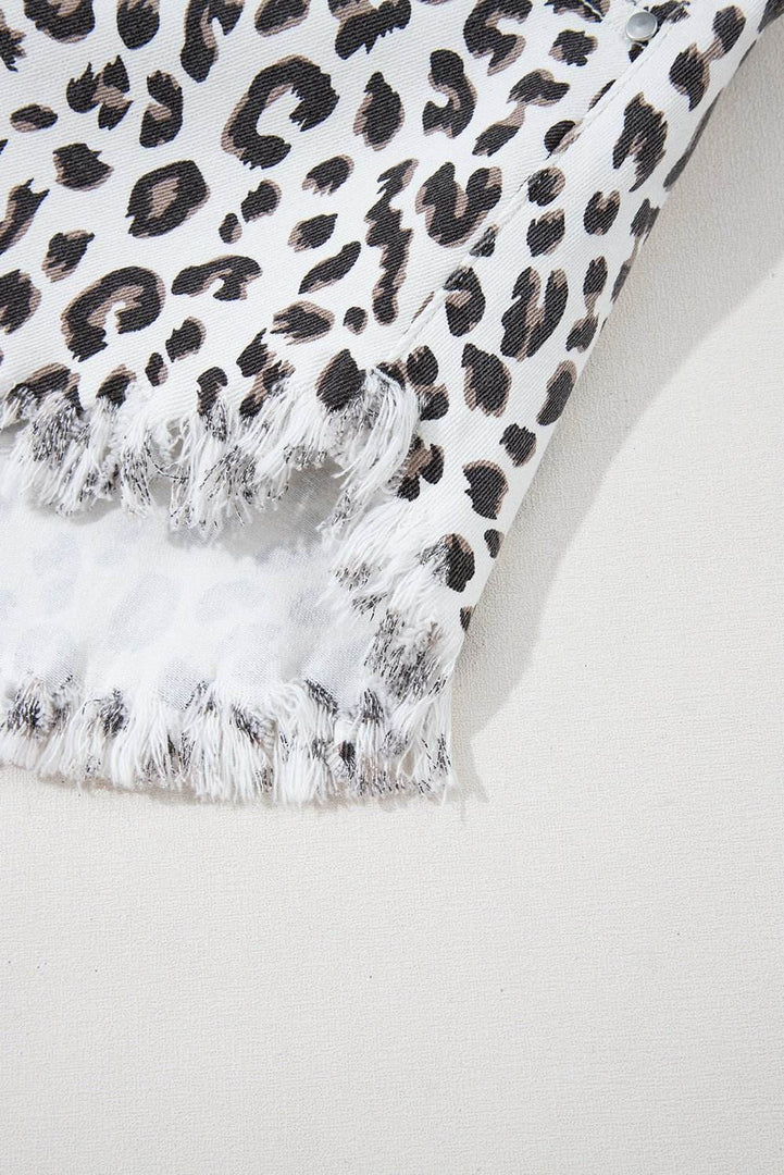 White Leopard Frayed Hem Denim Shorts - Fashion Queen -  5