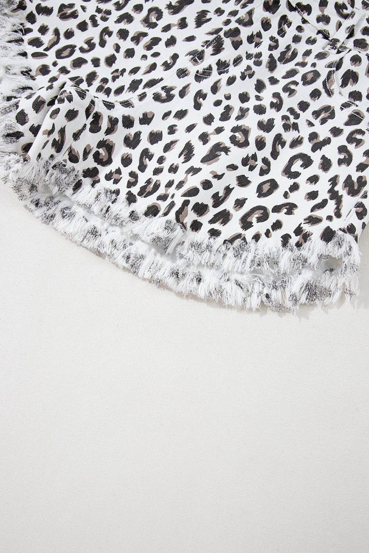 White Leopard Frayed Hem Denim Shorts - Fashion Queen -  6