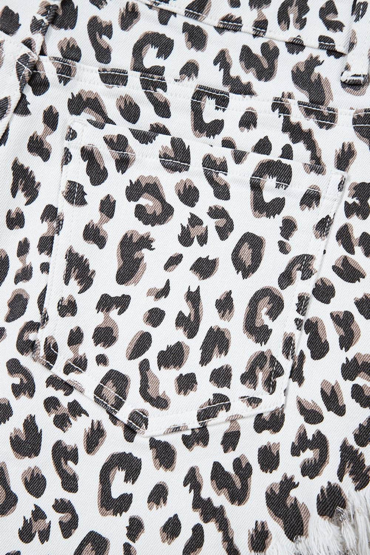 White Leopard Frayed Hem Denim Shorts - Fashion Queen -  7