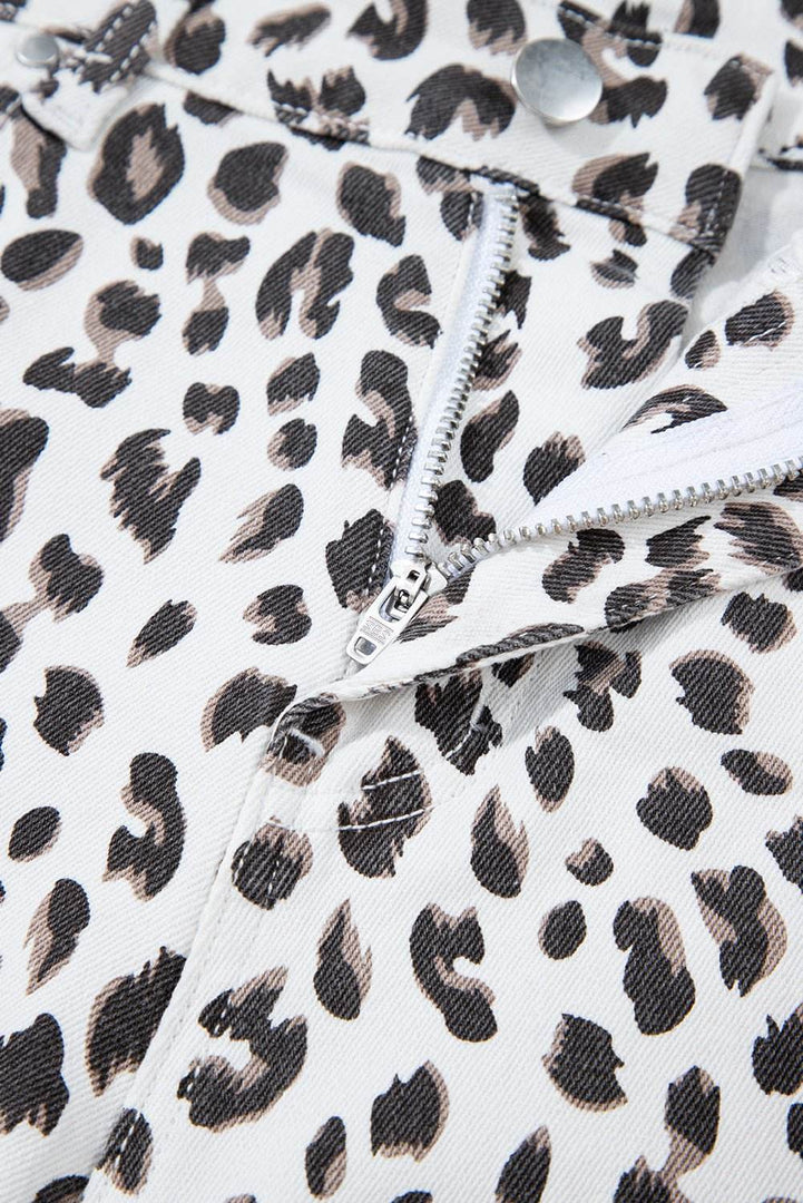 White Leopard Frayed Hem Denim Shorts - Fashion Queen -  8