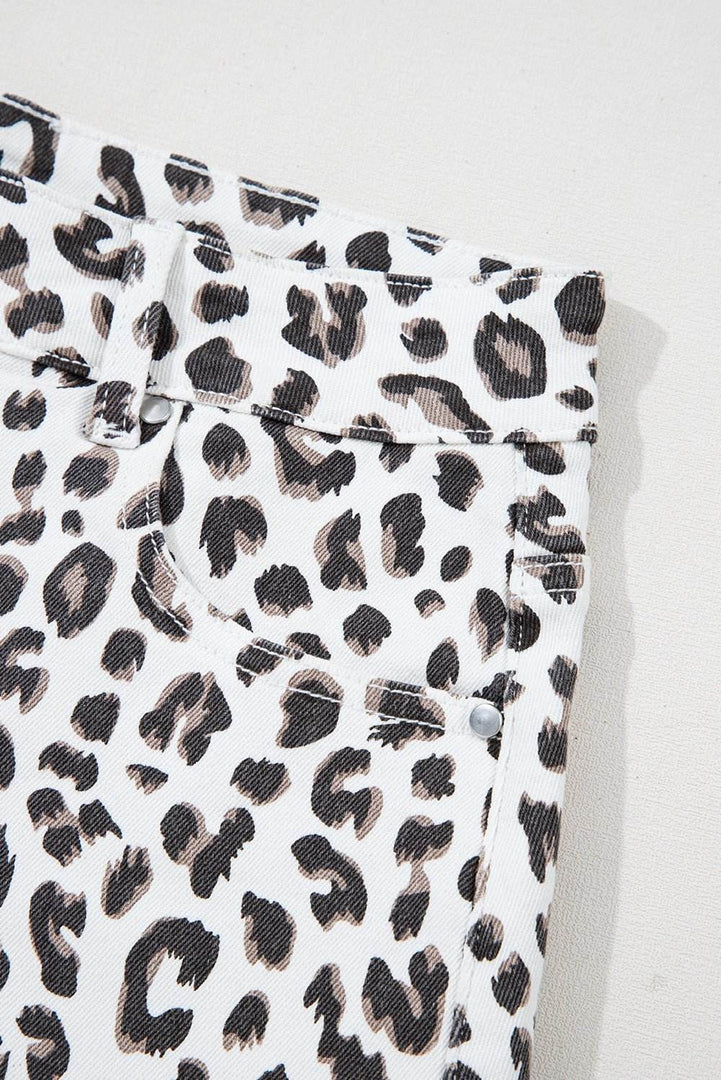 White Leopard Frayed Hem Denim Shorts - Fashion Queen -  9