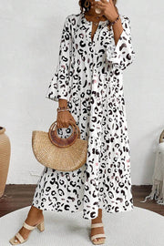 White Leopard Print Notch V Neck Loose Fit Maxi Dress - Fashion Queen -  1
