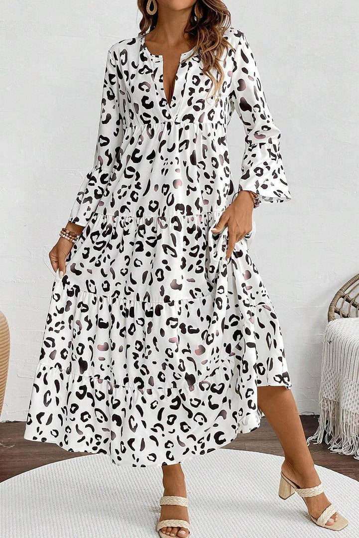 White Leopard Print Notch V Neck Loose Fit Maxi Dress - Fashion Queen -  3