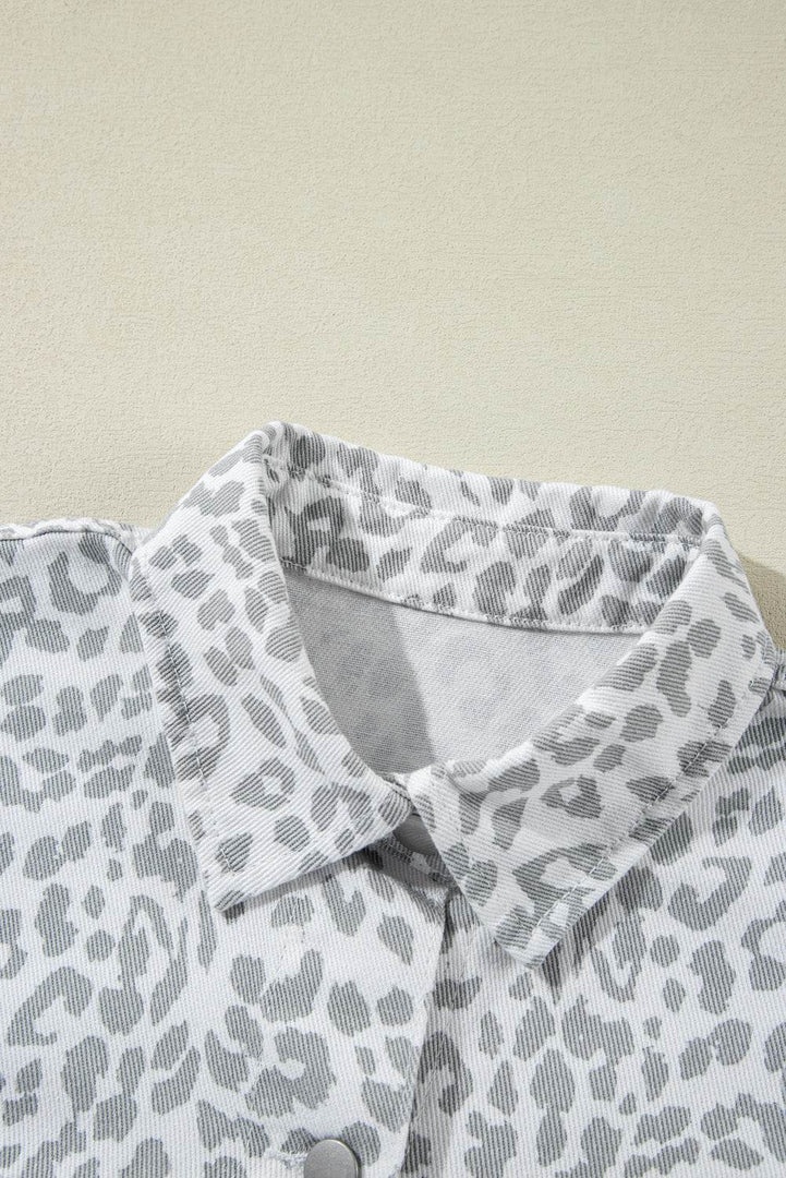 White Leopard Printed Flap Pocket Denim Jacket - Fashion Queen -  10