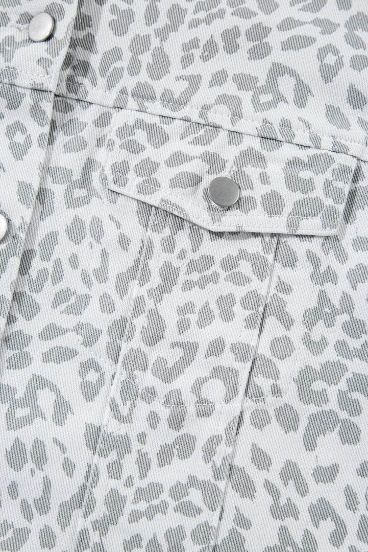 White Leopard Printed Flap Pocket Denim Jacket - Fashion Queen -  11