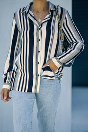 White Navy Striped Modern Women Shirt - Fashion Queen -  1
