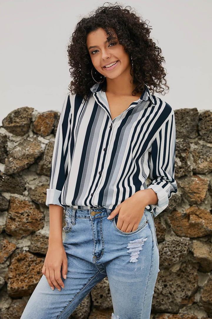 White Navy Striped Modern Women Shirt - Fashion Queen -  13