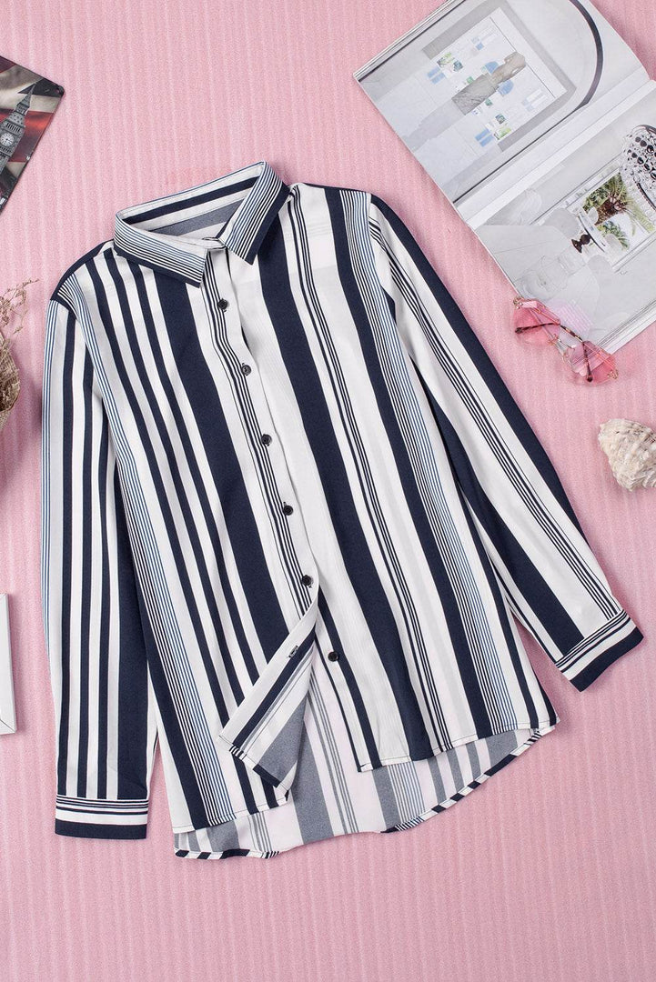 White Navy Striped Modern Women Shirt - Fashion Queen -  14