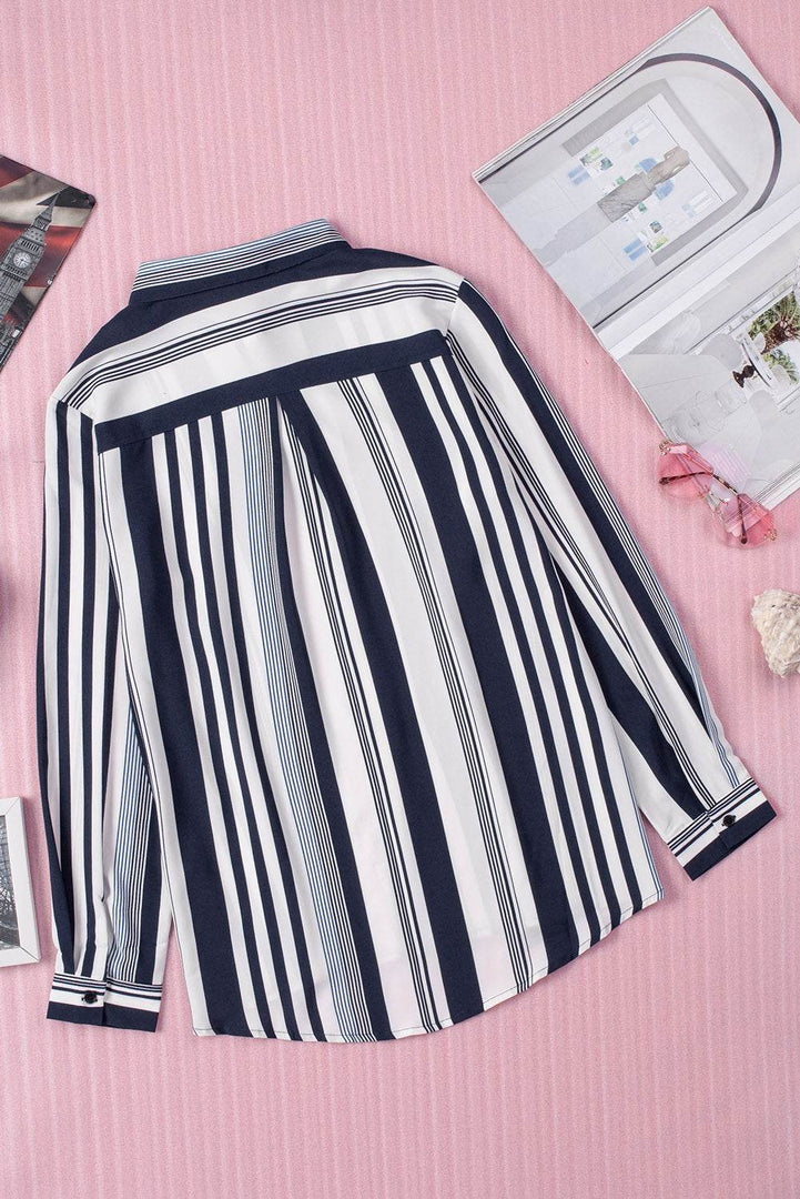 White Navy Striped Modern Women Shirt - Fashion Queen -  15