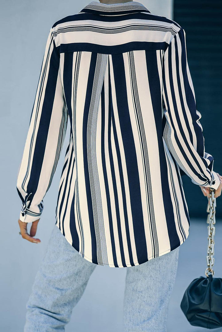 White Navy Striped Modern Women Shirt - Fashion Queen -  2