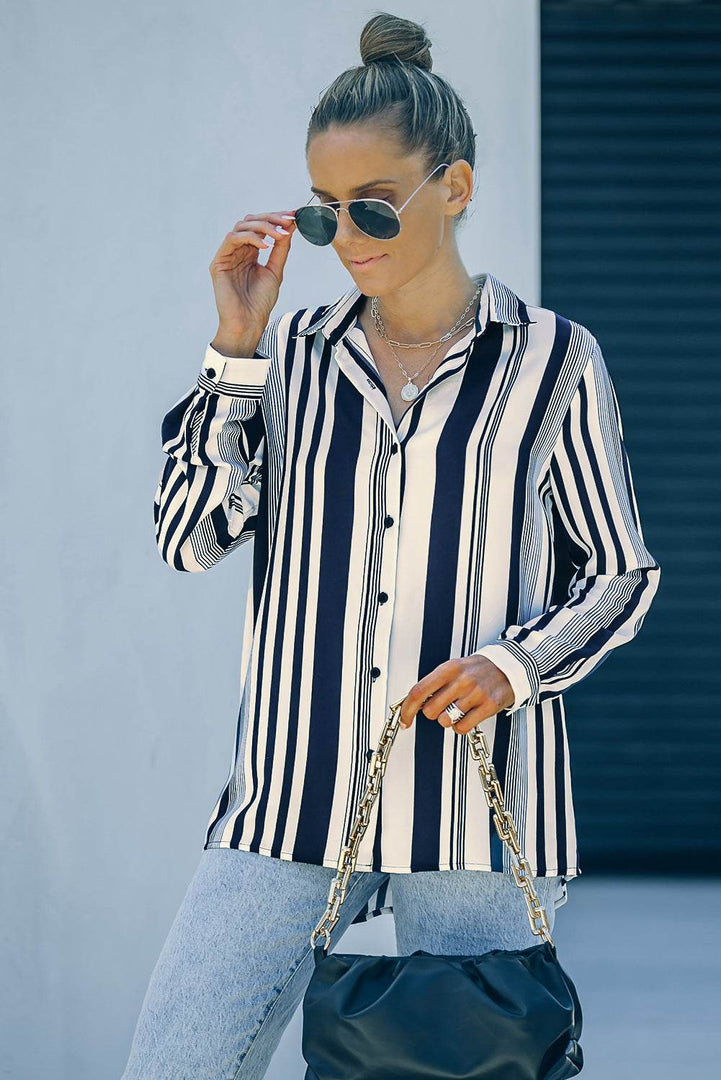White Navy Striped Modern Women Shirt - Fashion Queen -  3