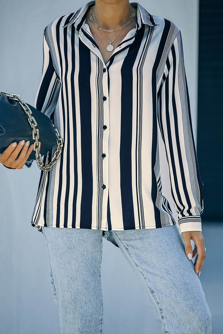 White Navy Striped Modern Women Shirt - Fashion Queen -  7