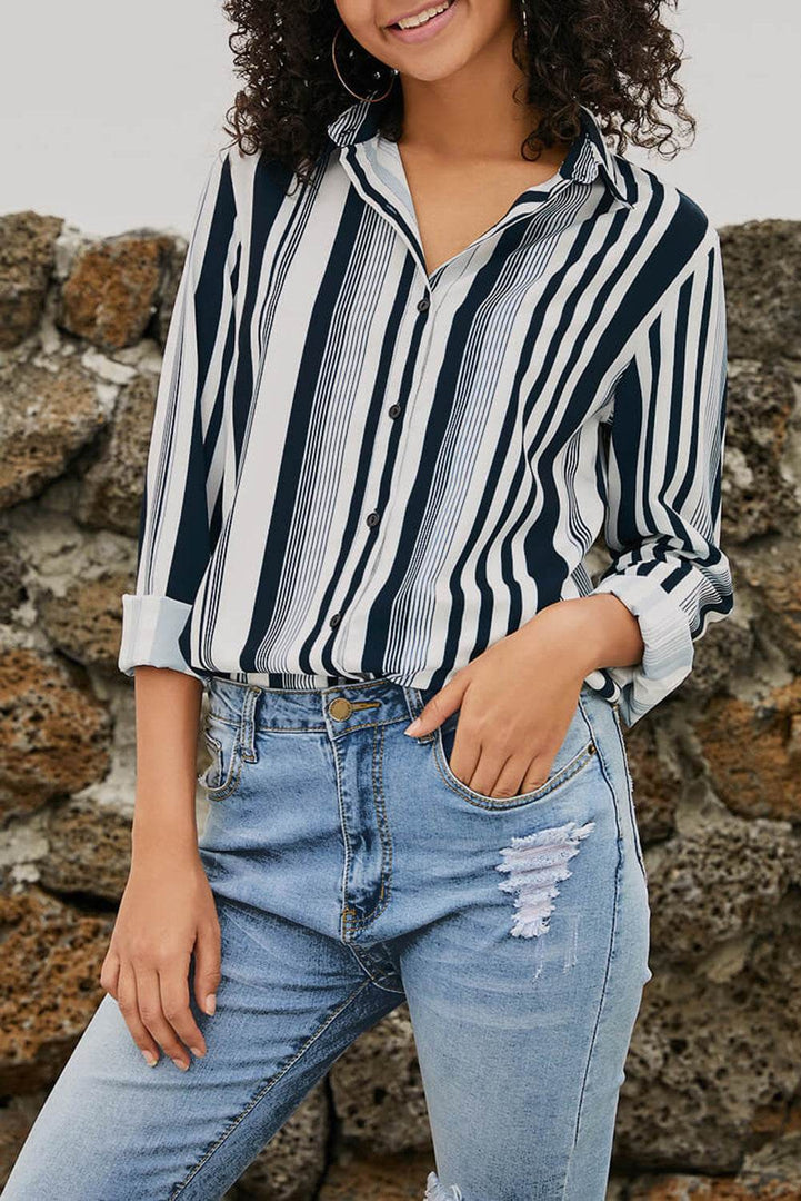 White Navy Striped Modern Women Shirt - Fashion Queen -  9