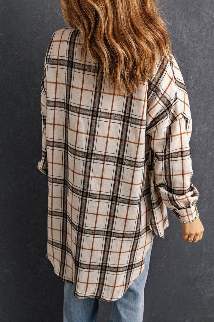 White Oversized Plaid Pattern Shacket with Slits - Fashion Queen -  2