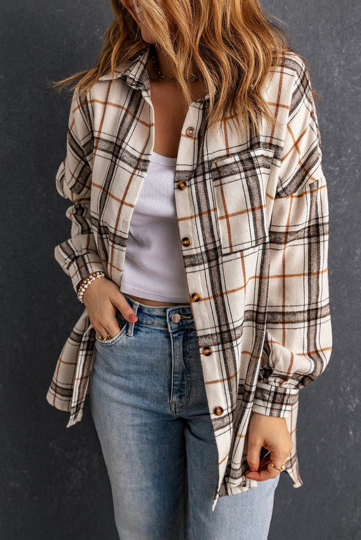 White Oversized Plaid Pattern Shacket with Slits - Fashion Queen -  4