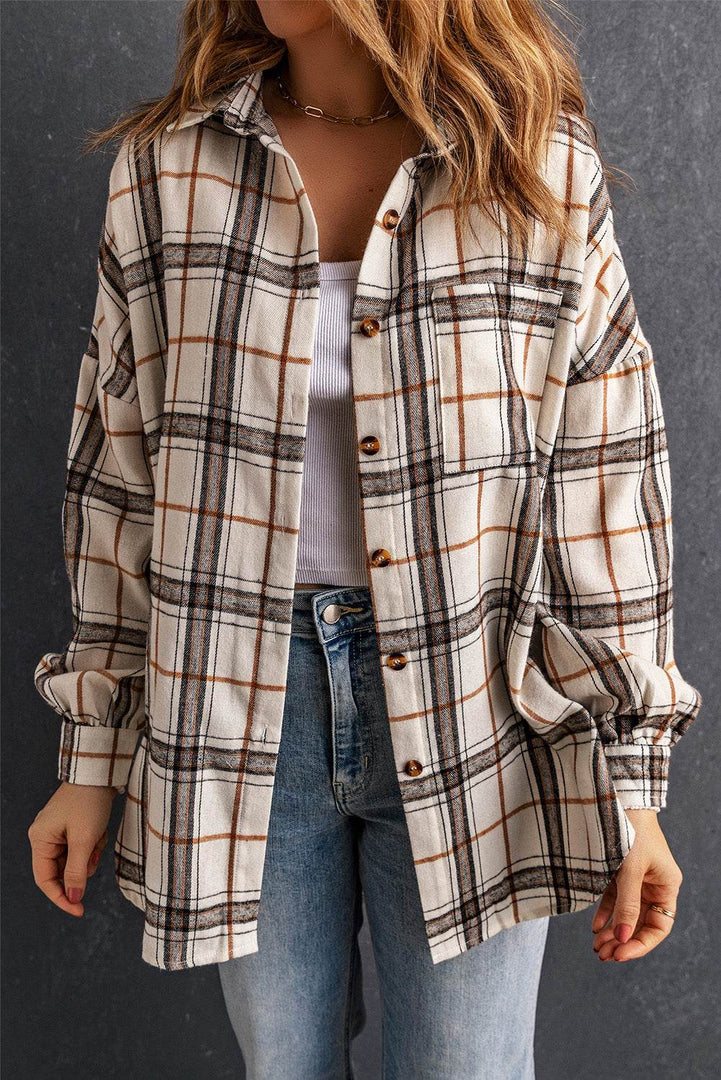 White Oversized Plaid Pattern Shacket with Slits - Fashion Queen -  5