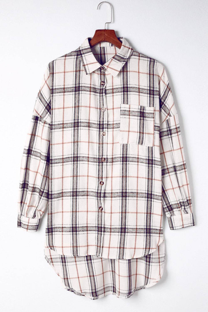 White Oversized Plaid Pattern Shacket with Slits - Fashion Queen -  9