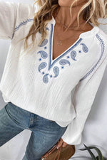 Load image into Gallery viewer, White Paisley Embroidered Textured Split Neck Long Puff Sleeve Blouse - Fashion Queen -  1
