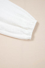 Load image into Gallery viewer, White Paisley Embroidered Textured Split Neck Long Puff Sleeve Blouse - Fashion Queen -  11
