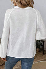 Load image into Gallery viewer, White Paisley Embroidered Textured Split Neck Long Puff Sleeve Blouse - Fashion Queen -  2
