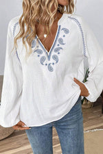 Load image into Gallery viewer, White Paisley Embroidered Textured Split Neck Long Puff Sleeve Blouse - Fashion Queen -  4

