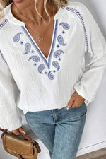 Load image into Gallery viewer, White Paisley Embroidered Textured Split Neck Long Puff Sleeve Blouse - Fashion Queen -  5
