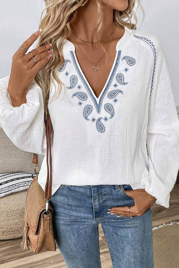 White Paisley Embroidered Textured Split Neck Long Puff Sleeve Blouse - Fashion Queen -  6